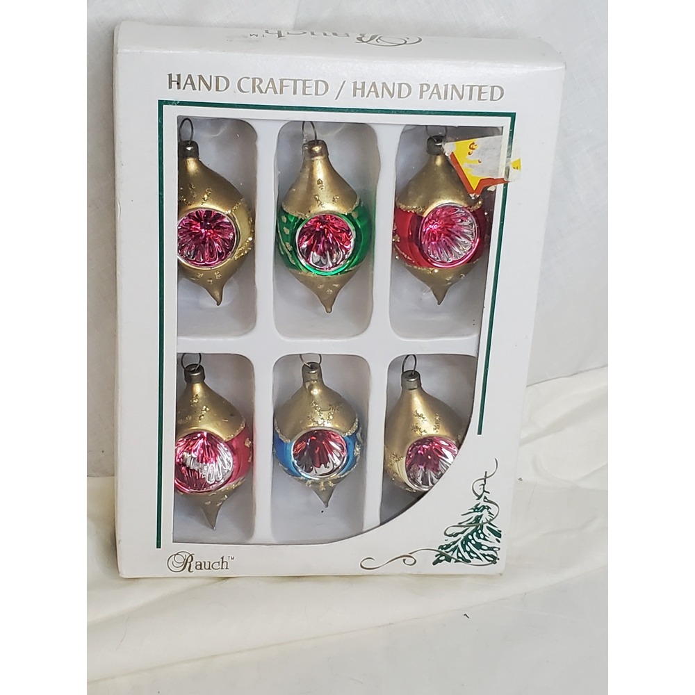 Vintage Rauch Hand Painted Glass Christmas Ornaments Gold Reflector Set of 6